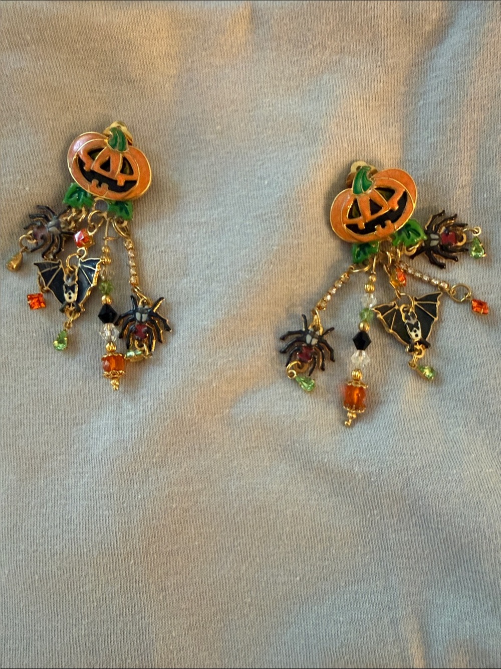 Lunch at the Ritz Halloween Pumpkin Dangle Earrings with Spiders & Bats